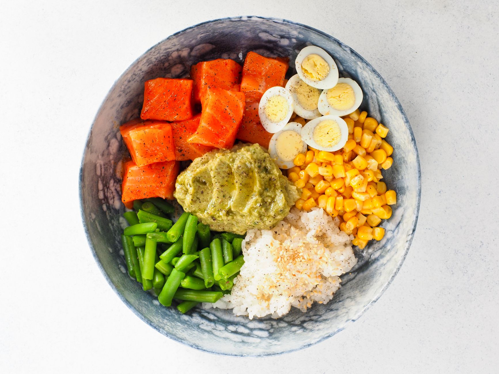steamed vegetables and protein colorful meal bowl overhead