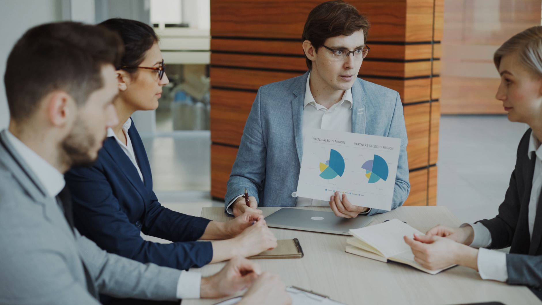 executive team reviewing annual report in boardroom
