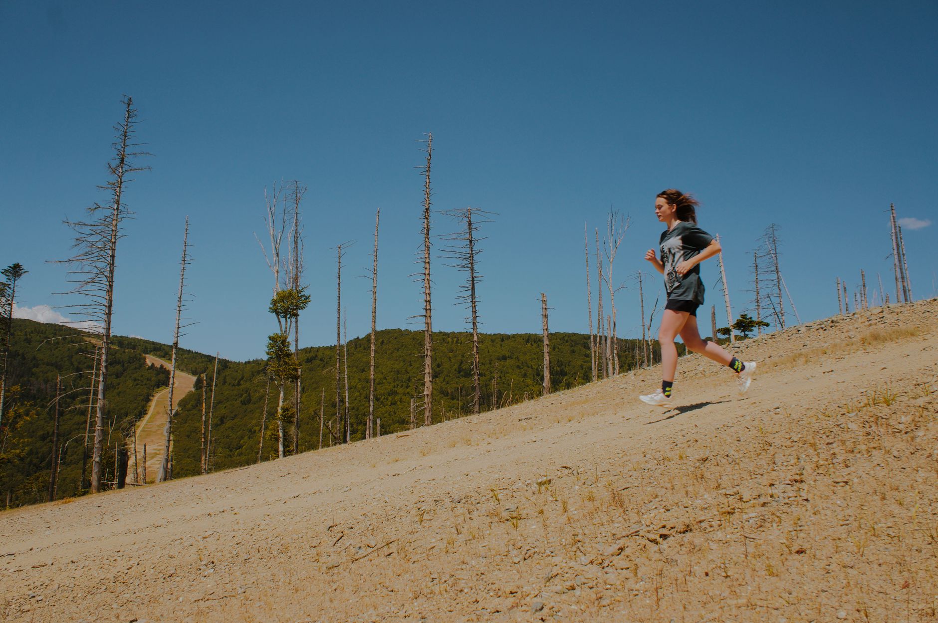 Trail runner ascending mountain path sunrise