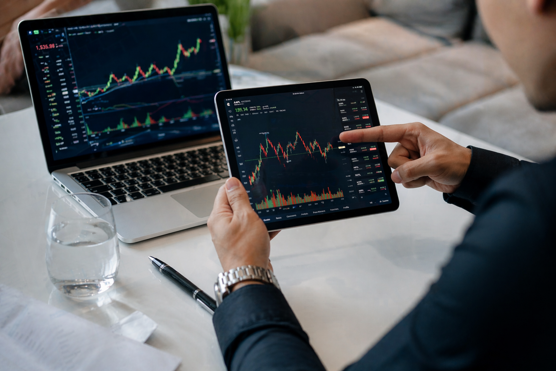 stock market graph on laptop screen with hand pointing
