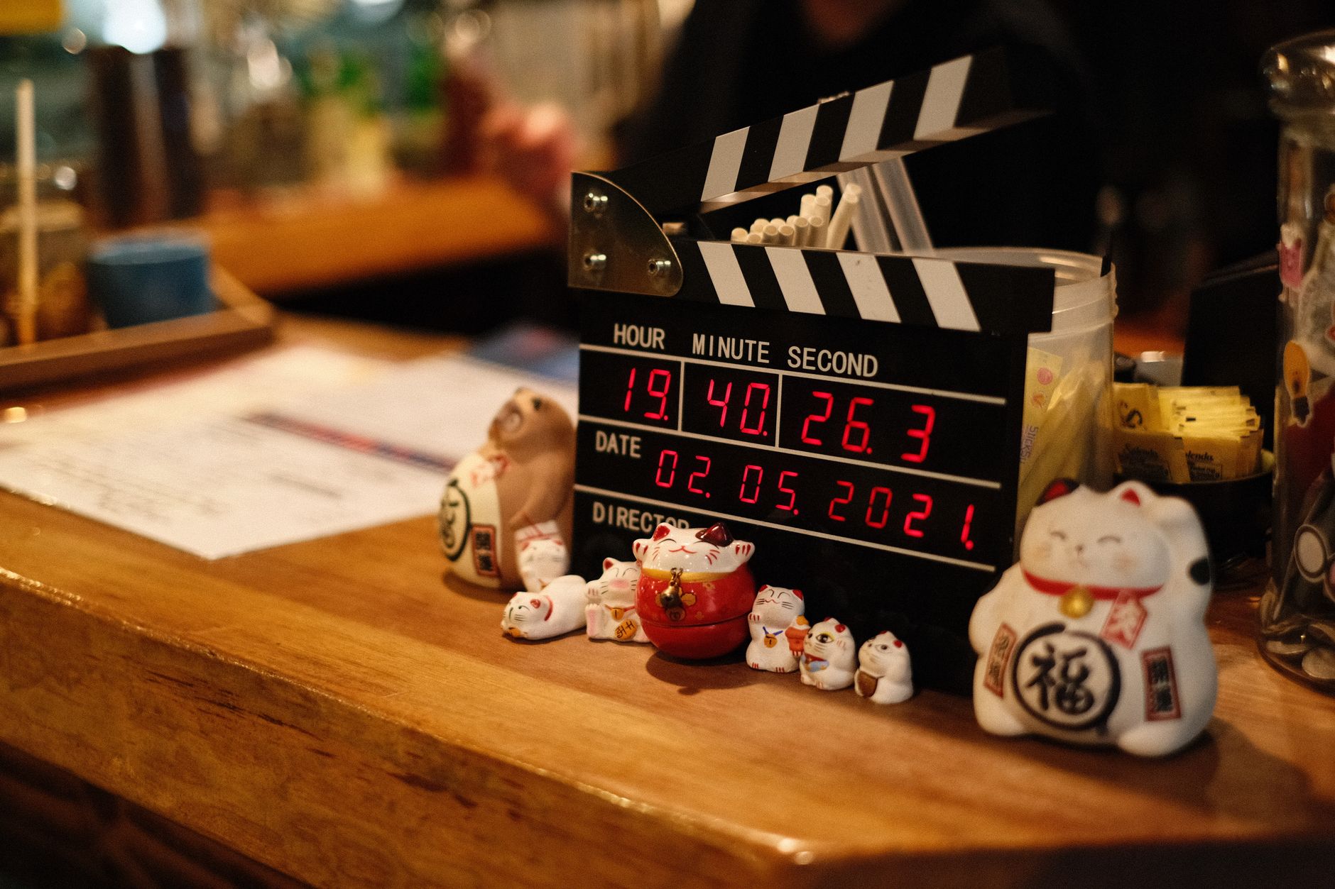 film clapperboard on movie set close-up